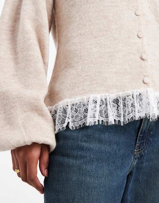 ASOS DESIGN - Cardigan in maglia spazzolata color avena con pizzo, 4 di 4