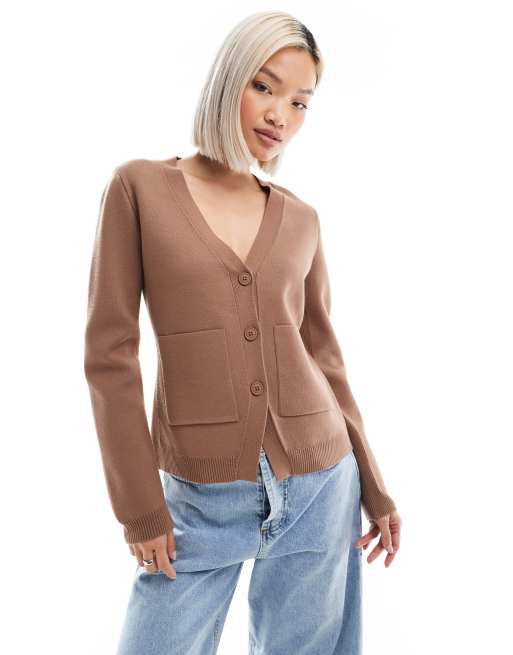 ASOS DESIGN - Cardigan in maglia strutturata color moka con cuciture a vista e scollo a V