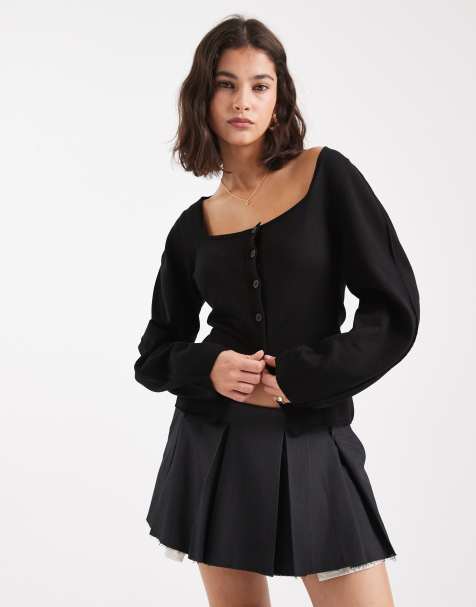 ASOS DESIGN - Cardigan in maglia strutturata nero con scollo squadrato e maniche voluminose - view 1