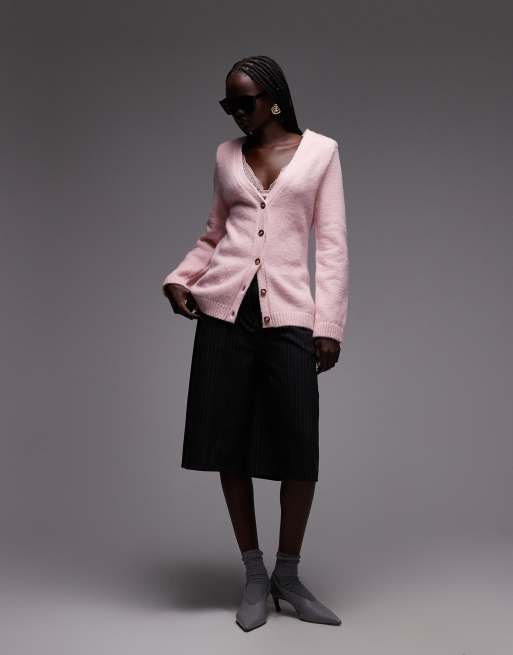 ASOS DESIGN - Cardigan in maglia strutturata rosa con spalline imbottite, 2 di 4