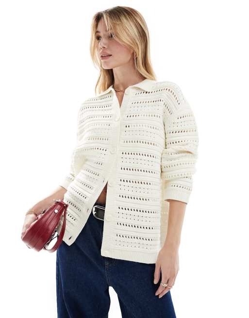 ASOS DESIGN - Cardigan in maglia traforata a righe con bottoni sul davanti e colletto