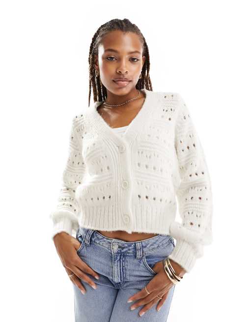 ASOS DESIGN - Cardigan in maglia traforata color crema