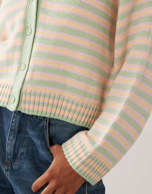 ASOS DESIGN - Cardigan in maglia verde a righe con scollo a V, 3 di 4