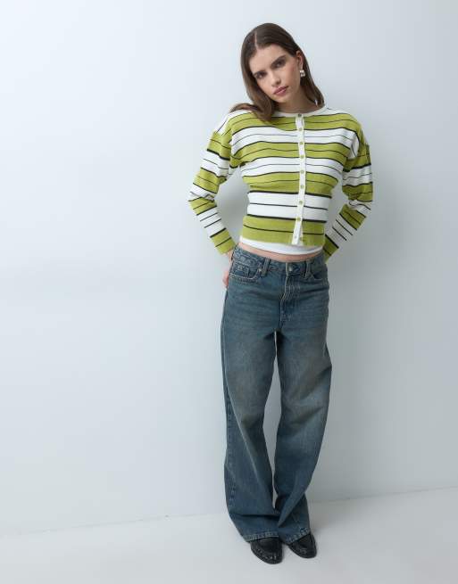 ASOS DESIGN - Cardigan in maglia verde a righe con spalle imbottite e vita aderente, 2 di 4