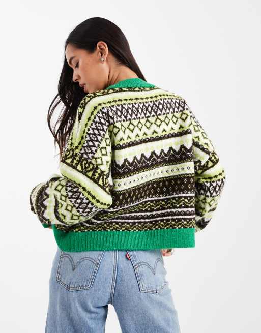 ASOS DESIGN - Cardigan in maglia verde con motivo Fair Isle, 2 di 4