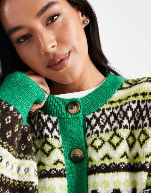 ASOS DESIGN - Cardigan in maglia verde con motivo Fair Isle, 3 di 4