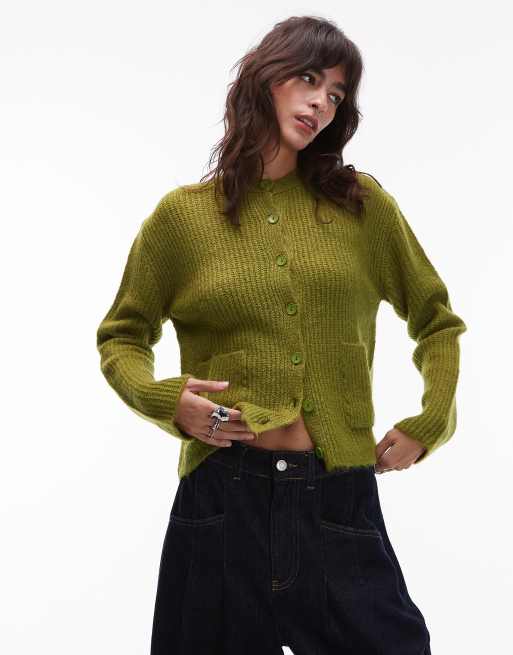 ASOS DESIGN - Cardigan in maglia verde oliva con tasche applicate