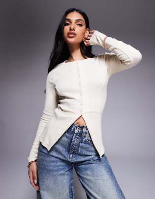 ASOS DESIGN - Cardigan in tessuto interlock color panna con bottoni - view 1