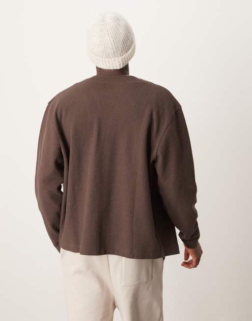 ASOS DESIGN cardigan in waffle texture with chest embroidery in brown, 3 of 4