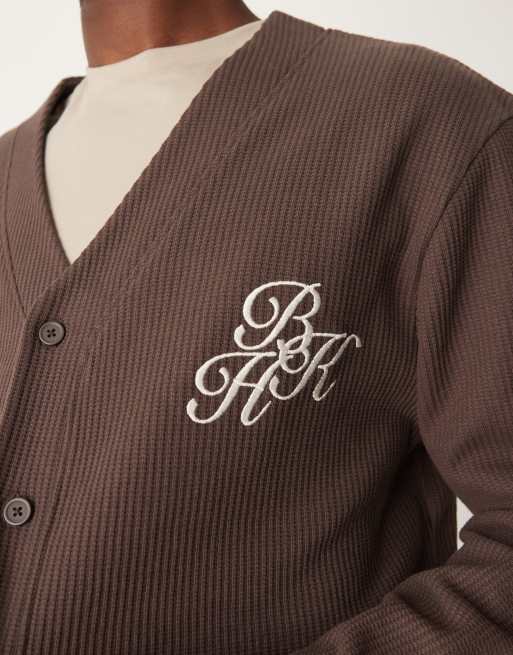 ASOS DESIGN cardigan in waffle texture with chest embroidery in brown, 4 of 4