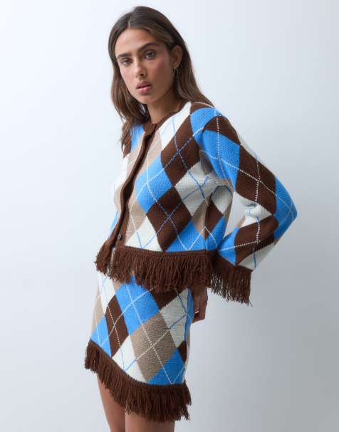 ASOS DESIGN cardigan jacquard à franges à l'ourlet et aux manches en bleu et marron - view 1