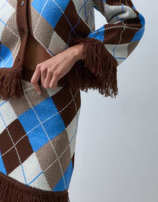 ASOS DESIGN cardigan jacquard con frange su fondo e maniche in blu e marrone, 3 di 5