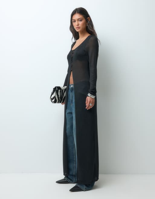 ASOS DESIGN cárdigan largo semitransparente abotonado en negro, 4 de 5