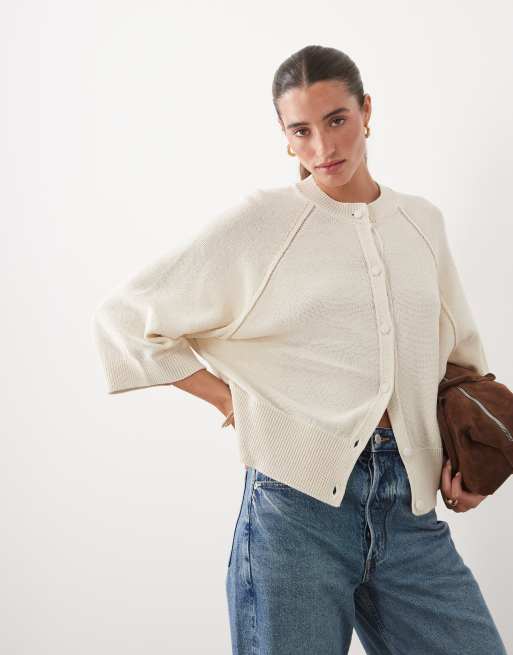 ASOS DESIGN cardigan lavorato a maglia con maniche raglan e dettagli in ecru, 1 di 4