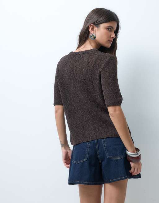 ASOS DESIGN - Cárdigan marrón chocolate holgado de manga corta de punto flameado, 3 de 4