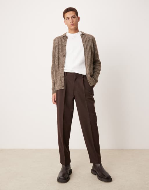 ASOS DESIGN - Cardigan marrone spazzolato in maglia a coste con colletto, 3 di 4