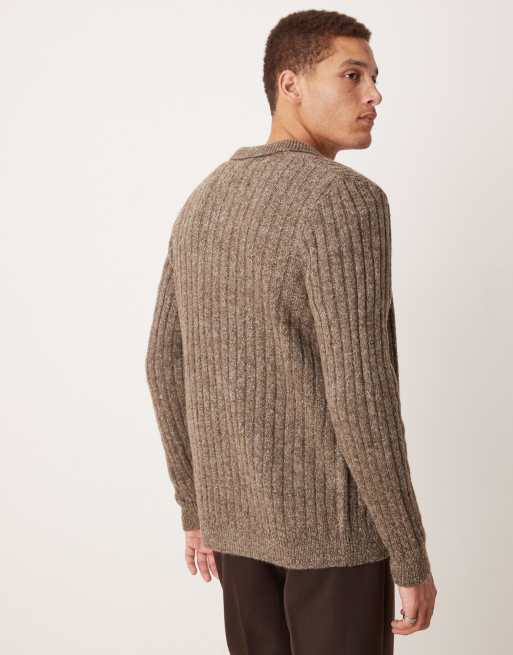 ASOS DESIGN - Cardigan marrone spazzolato in maglia a coste con colletto, 4 di 4