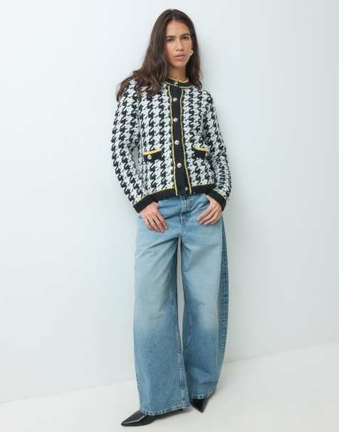 ASOS DESIGN cardigan med hundetandsmønster og guldfarvede knapper i mono - view 1
