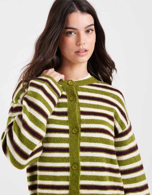ASOS DESIGN - Cardigan med olivengrønne striber i vamset strik i firkantet pasform, 2 af 4