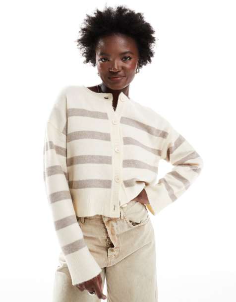 ASOS DESIGN - Cardigan med rund hals i neutralfarvede striber - view 1