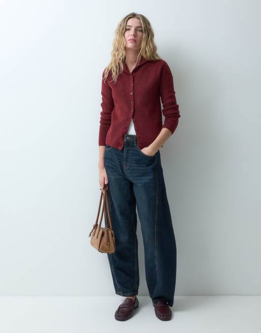 ASOS DESIGN cardigan med ståkrave og ribstrik i bordeaux, 2 af 4