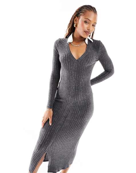 ASOS DESIGN cardigan midi dress with button front and poplin collar in charcoal - view 1