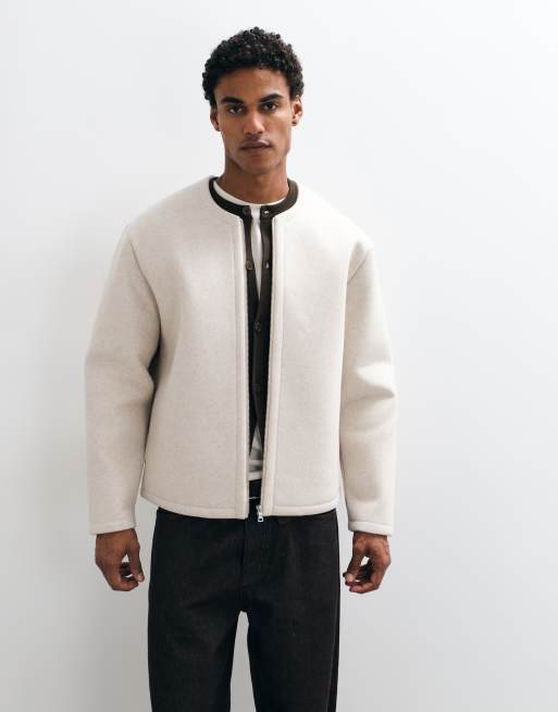 ASOS DESIGN Cardigan mit Reißverschluss, relaxed, aus strukturiertem Stoff in Beige, 3 von 5