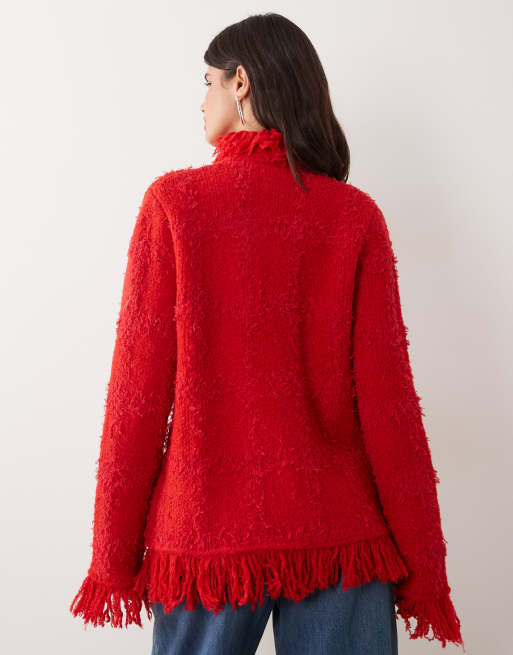 ASOS DESIGN Cardigan mit Struktur und Fransen, zweireihig, in Rot, 4 von 4