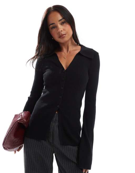 ASOS DESIGN - Cardigan nero a coste con colletto e scollo a V
