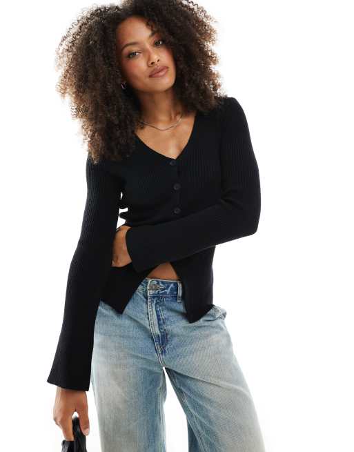 ASOS DESIGN - Cardigan nero a coste con colletto e scollo a V
