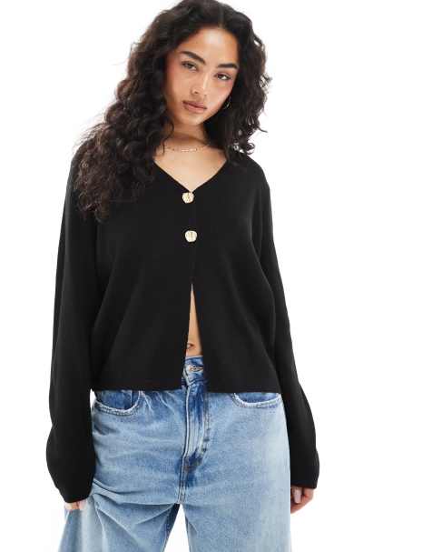 ASOS DESIGN - Cardigan nero in maglia con scollo a V e bottoni oro - view 1