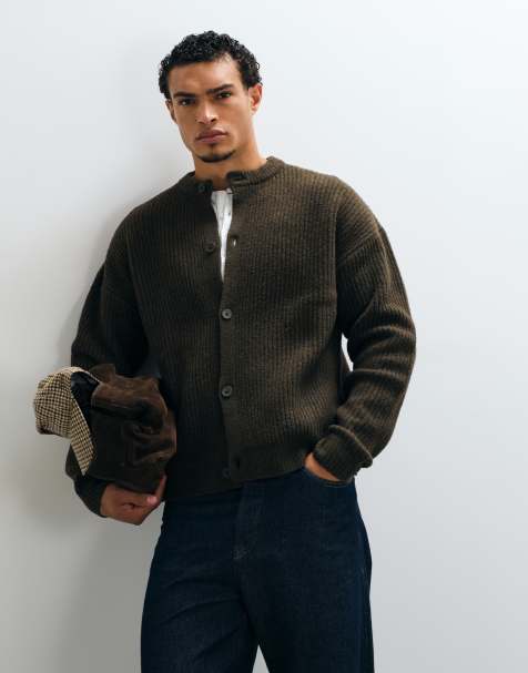 ASOS DESIGN - cárdigan oversize de punto de mezcla de lana acanalado con cuello redondo en marrón oscuro - view 1