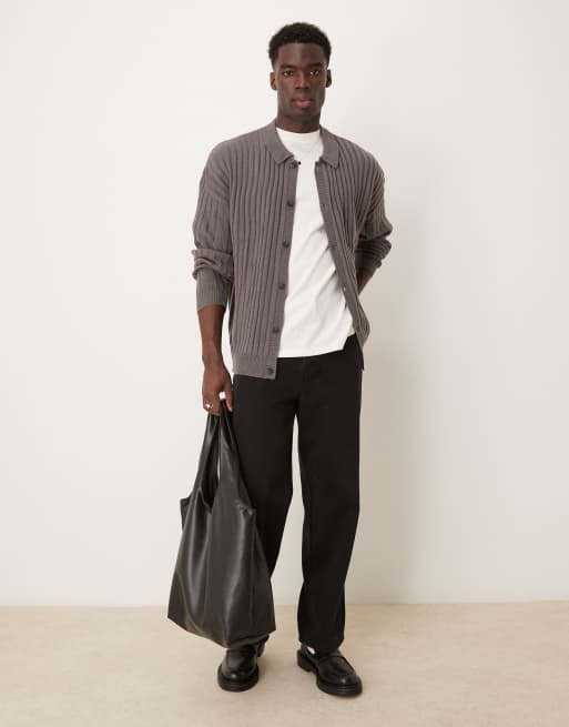 ASOS DESIGN - Cardigan oversize grigio antracite lavorato a coste con colletto, 2 di 4