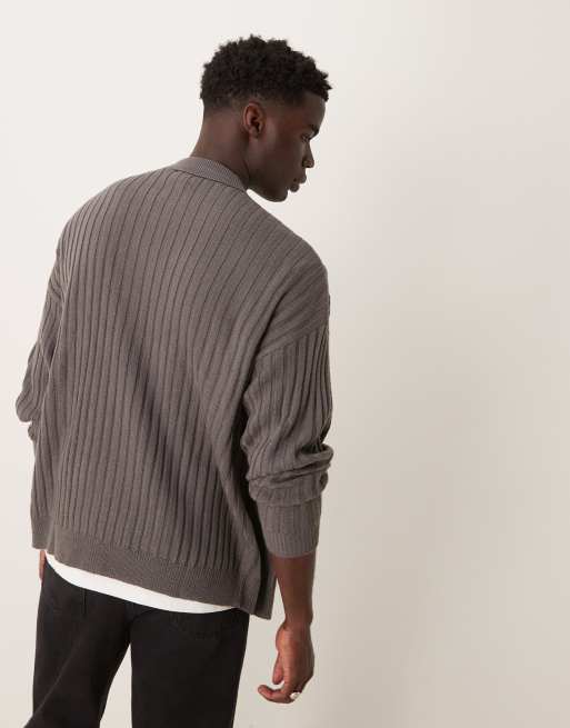 ASOS DESIGN - Cardigan oversize grigio antracite lavorato a coste con colletto, 3 di 4