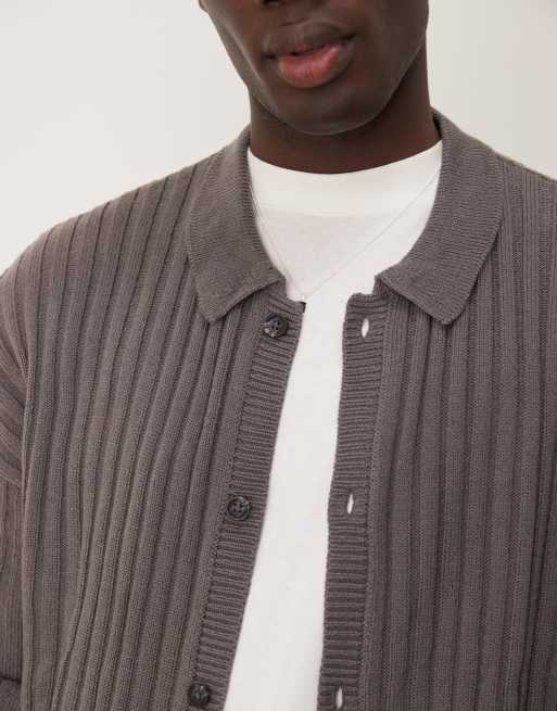 ASOS DESIGN - Cardigan oversize grigio antracite lavorato a coste con colletto, 4 di 4