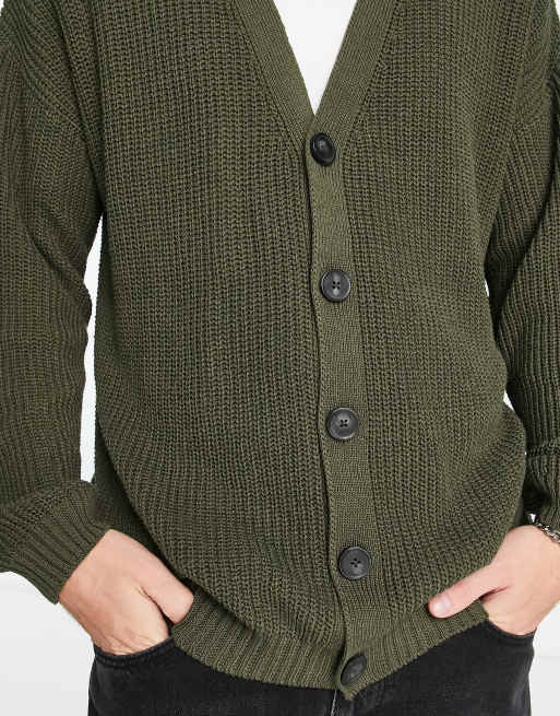 ASOS DESIGN - Cardigan oversize in maglia a coste inglesi kaki slavato, 4 di 4