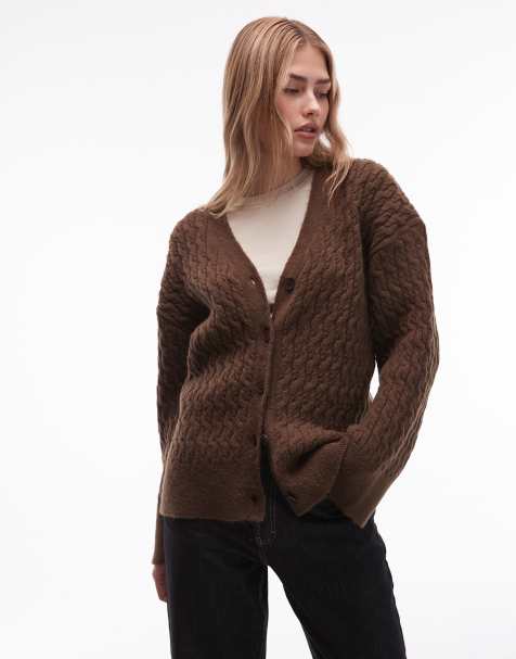 ASOS DESIGN - Cardigan oversize in maglia a trecce spesso color cioccolato - view 1