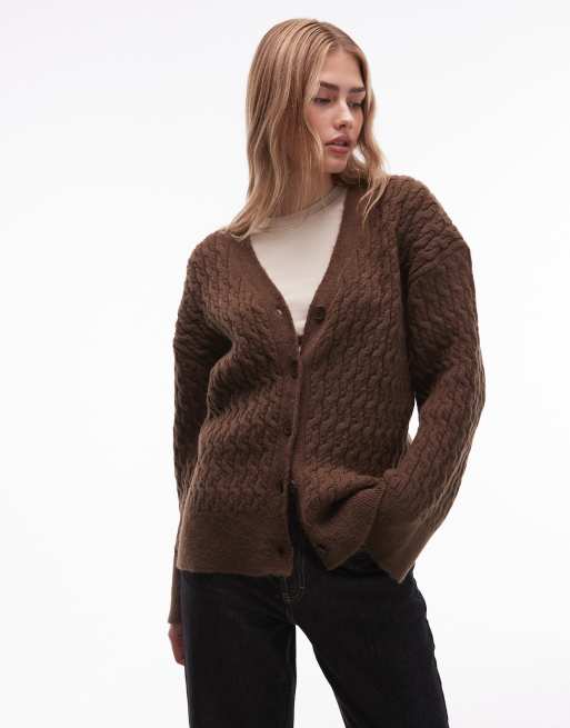 ASOS DESIGN - Cardigan oversize in maglia a trecce spesso color cioccolato