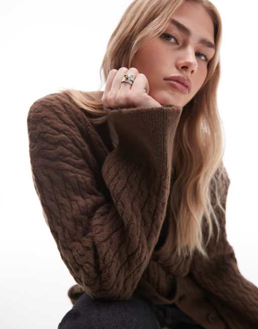 ASOS DESIGN - Cardigan oversize in maglia a trecce spesso color cioccolato, 2 di 4
