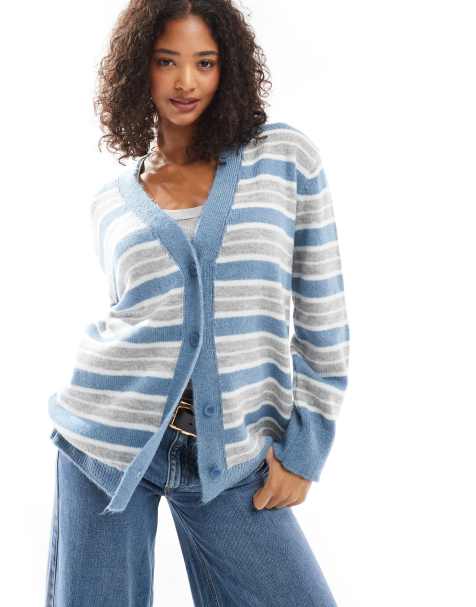 ASOS DESIGN - Cardigan oversize in maglia blu navy e grigio a righe - view 1