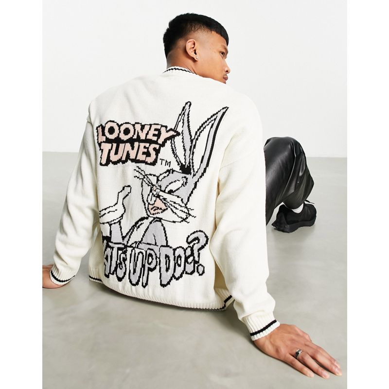 Uomo KhSX9 DESIGN - Cardigan oversize in maglia con stampa di Bugs Bunny sul retro, color pietra