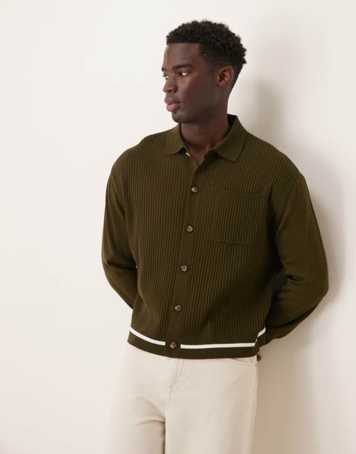ASOS DESIGN - Cardigan oversize in maglia kaki a coste con colletto
