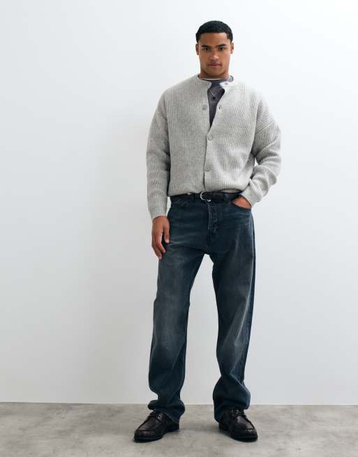ASOS DESIGN cardigan oversize in maglia misto lana a coste con girocollo grigio mélange, 3 di 5