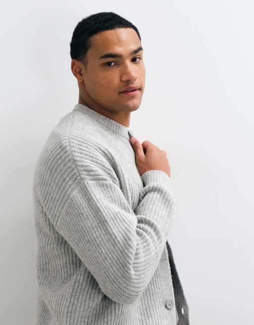 ASOS DESIGN cardigan oversize in maglia misto lana a coste con girocollo grigio mélange, 4 di 5