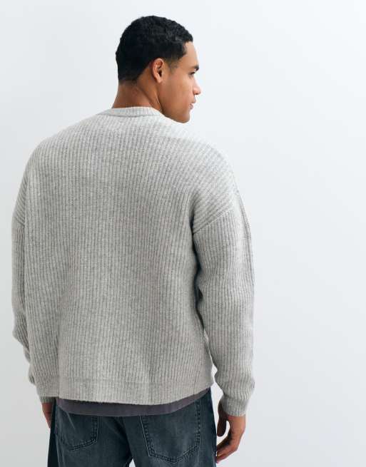 ASOS DESIGN cardigan oversize in maglia misto lana a coste con girocollo grigio mélange, 5 di 5