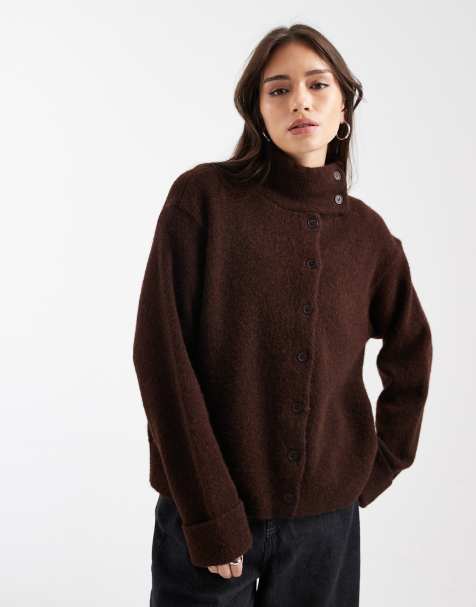 ASOS DESIGN - Cardigan oversize in maglia misto lana color moka con collo a imbuto - view 1