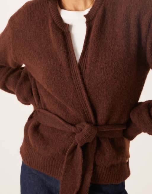 ASOS DESIGN - Cardigan oversize in maglia misto lana marrone allacciato in vita, 3 di 4