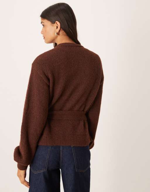 ASOS DESIGN - Cardigan oversize in maglia misto lana marrone allacciato in vita, 4 di 4