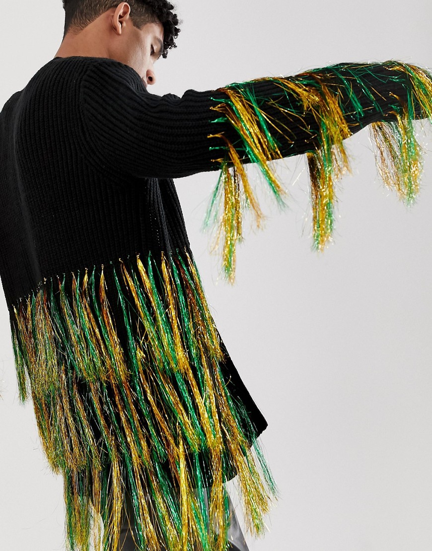 ASOS DESIGN - Cardigan oversize in maglia nera con frange fluo-Multicolore
