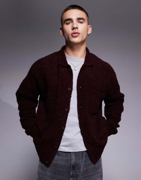 ASOS DESIGN - Cardigan oversize squadrato bordeaux in maglia testurizzata con colletto - view 1